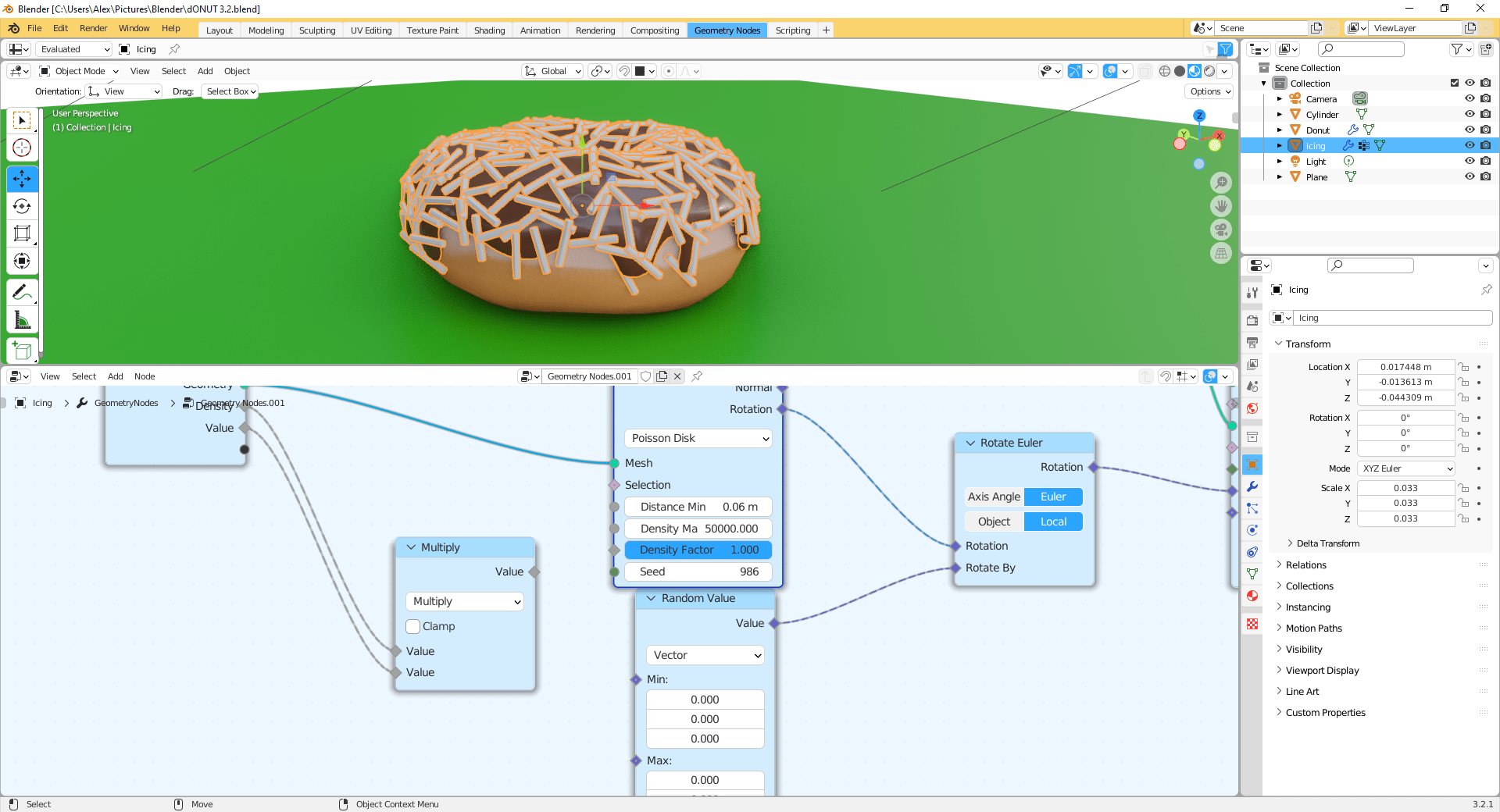 A donut being edited with geometry nodes on Blender 3.2