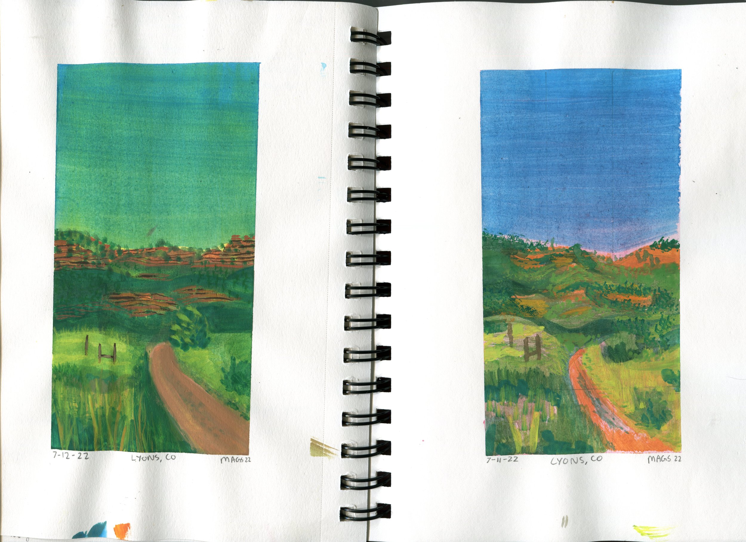 Two gouache paintings of Lyons, Colorado. One of the paintings has a yellow underpainting and the other painting has a red underpainting.