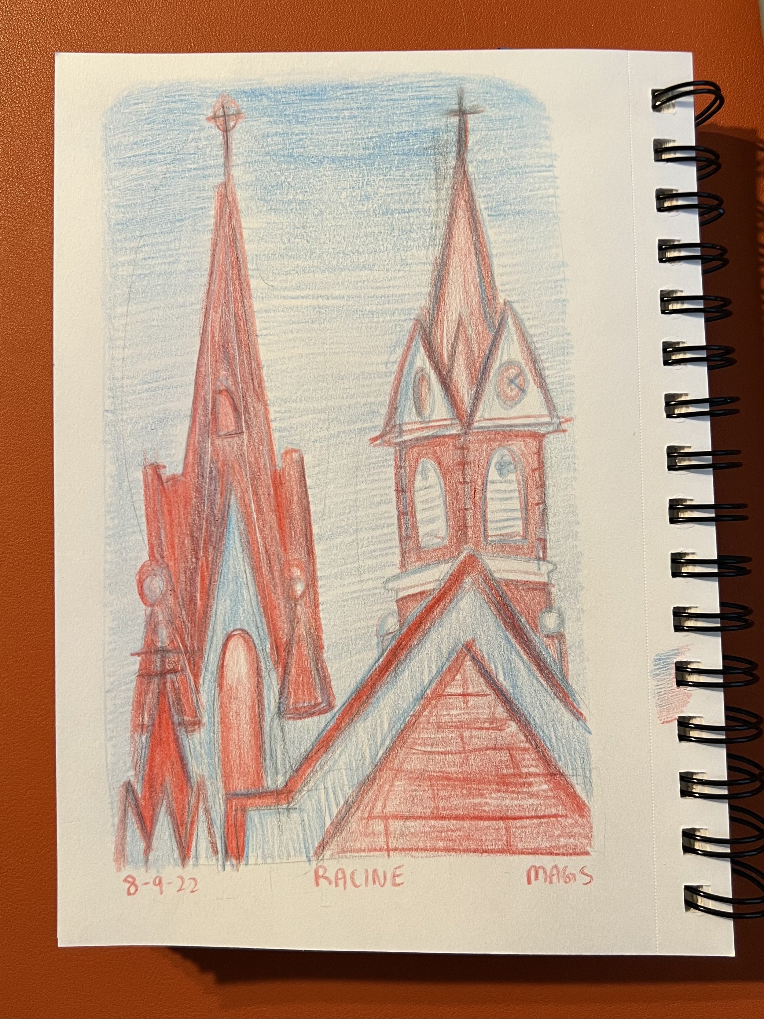 A red and blue sketch of churches in Racine Wisconsin